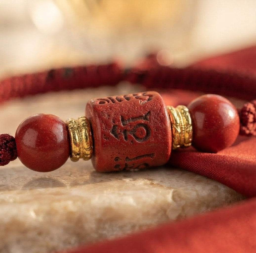 Detalle macro de la cuenta grabada con mantra Om Mani Padme Hum, pulsera roja tibetana Soul Marks