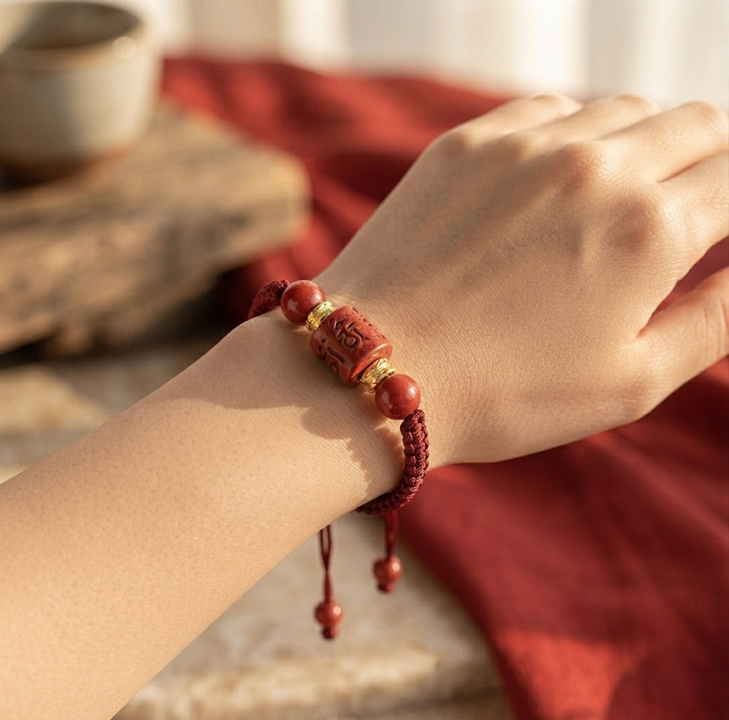 Pulsera roja tibetana de protección puesta en la muñeca, Soul Marks