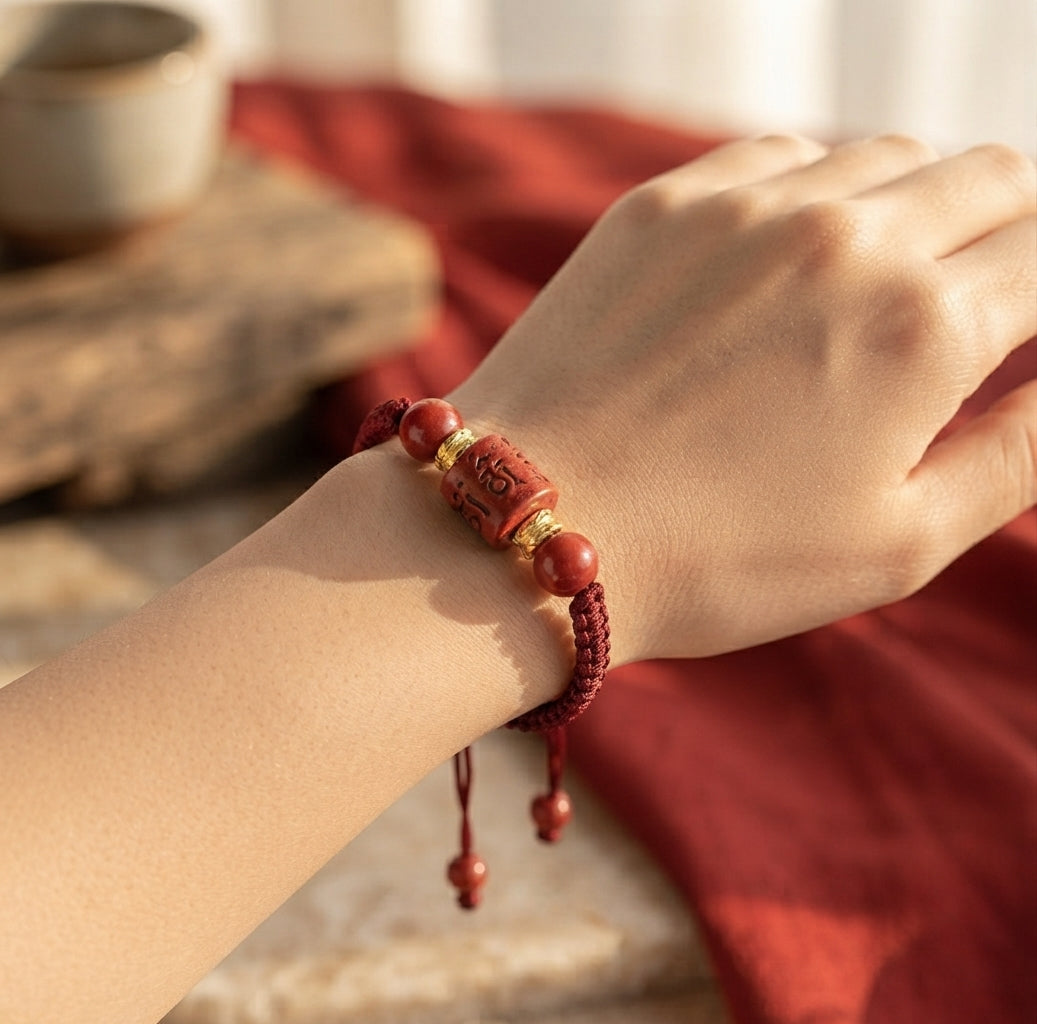 Pulsera roja tibetana de protección puesta en la muñeca, Soul Marks