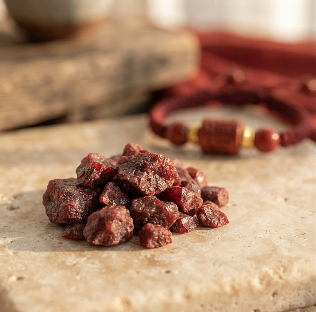 Piedras de cinabrio rojas naturales usadas en la pulsera tibetana Soul Marks