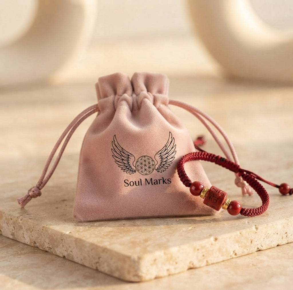 Pulsera roja tibetana Soul Marks presentada en bolsita de regalo de la marca